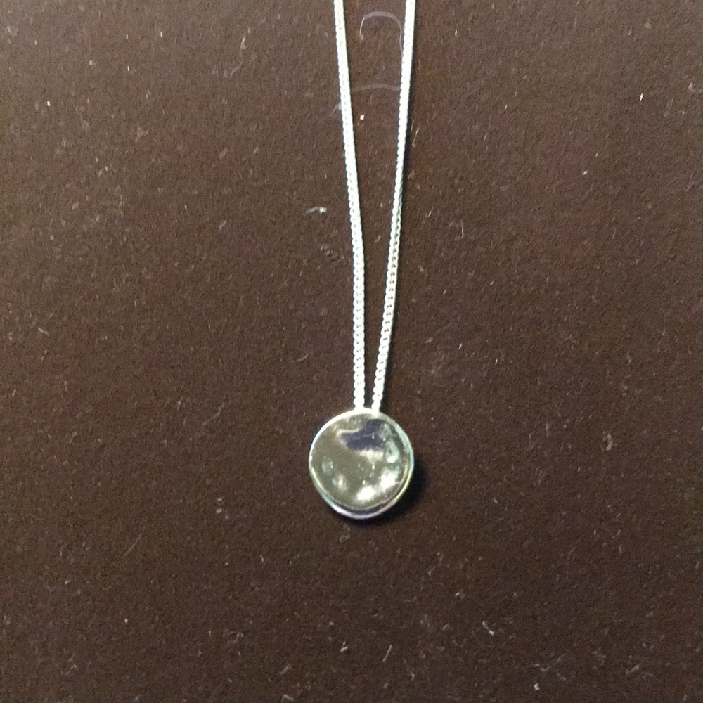 Silver delicate chain with floating silver hammered disk.